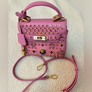 MCM Cognac Visetos Coated Canvas and Leather Mini Heritage Top Handle Bag